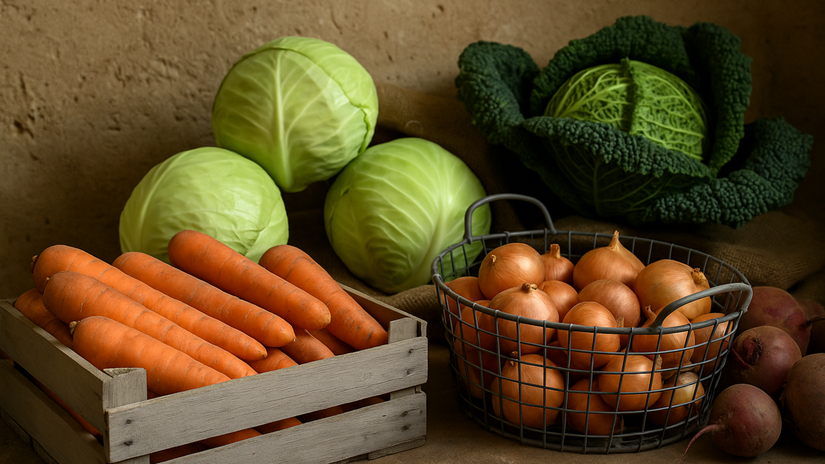 skladovanie zeleniny, zelenina, kel, mrkva,...