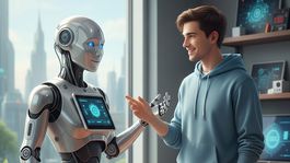 Človek sa rozpráva s robotom - obrázok...