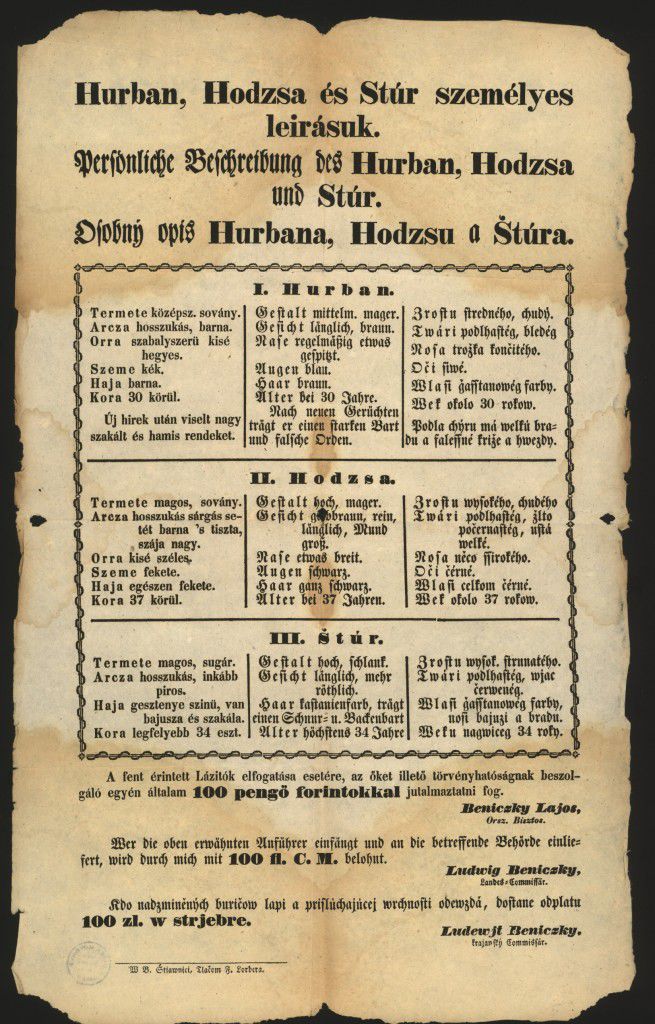 Zatykač na Štúra, Hurbana a Hodžu z roku 1849.