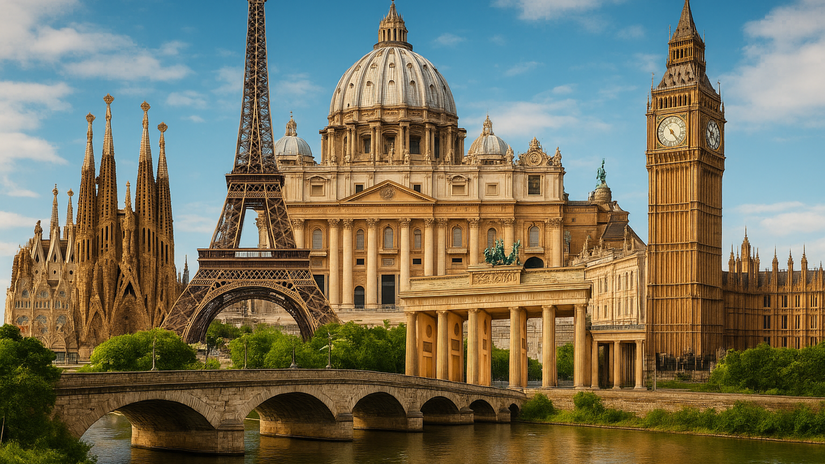 koláž, mestá, Európa