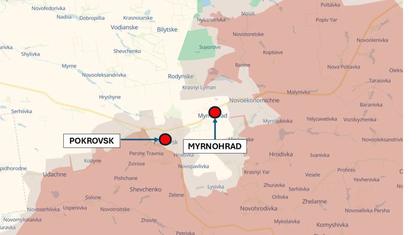 Pokrovsk a Myrnohrad 14. novembra 2025