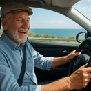 dedko, senior, dôchodca, volant, auto, šoférovanie, cesta, doprava