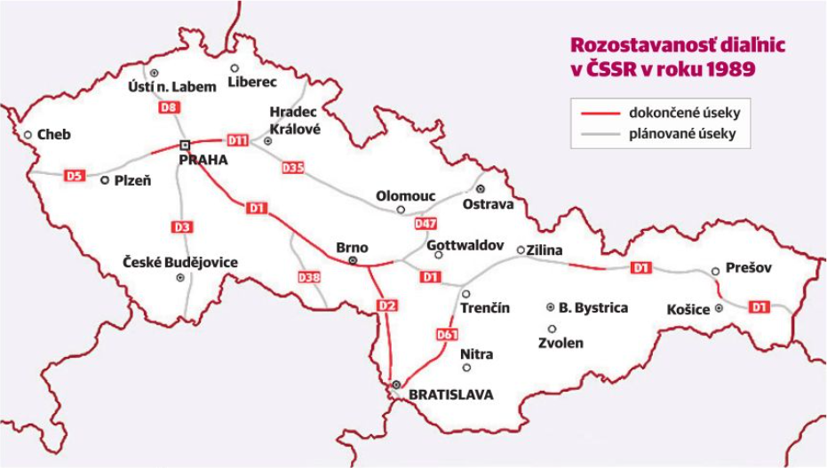 Rozostavanosť diaľnic v ČSSR v roku 1989....
