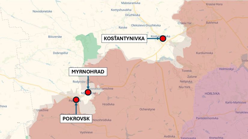 Pokrovsk, Myrnohrad a Kosťantynivka, Ukrajina...