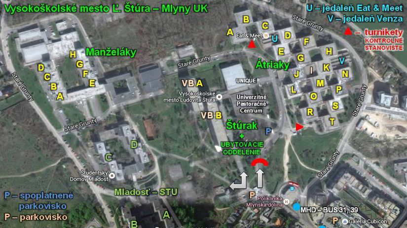 Mapa budov internátov Mlyny.