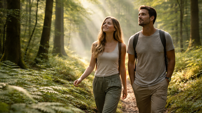 les, žena, muž, prechádzka, pár, lesný kúpeľ,...