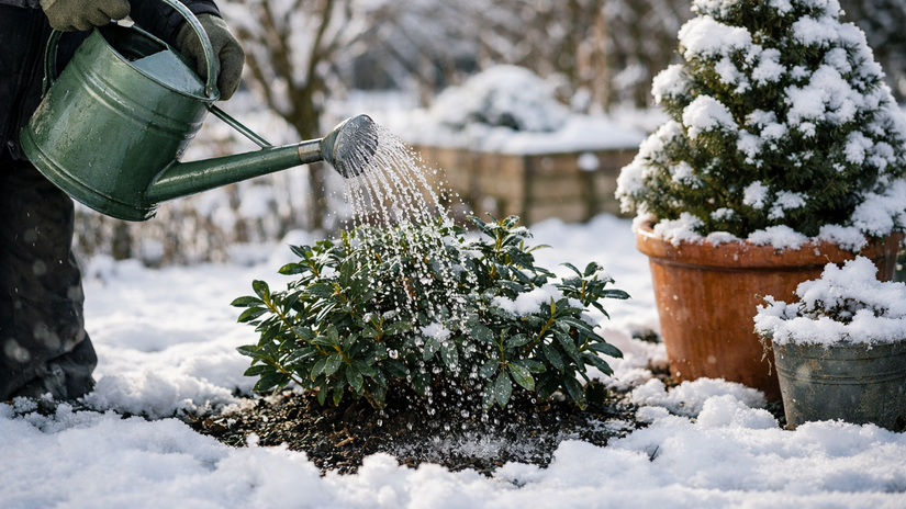 zalievanie, polievanie, zima, krhla, vždyzelený...