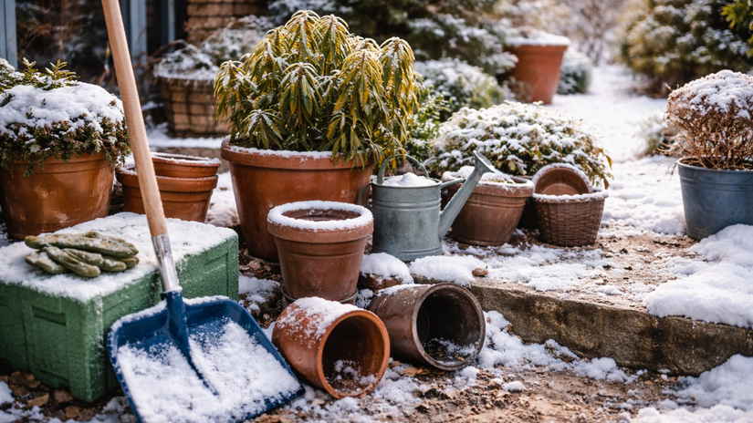 zima, záhrada, mráz, sneh, záhradné náradie,...