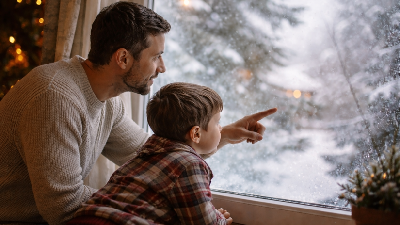 muž, chlapec, pozorovanie, vtáky, zima, okno,...