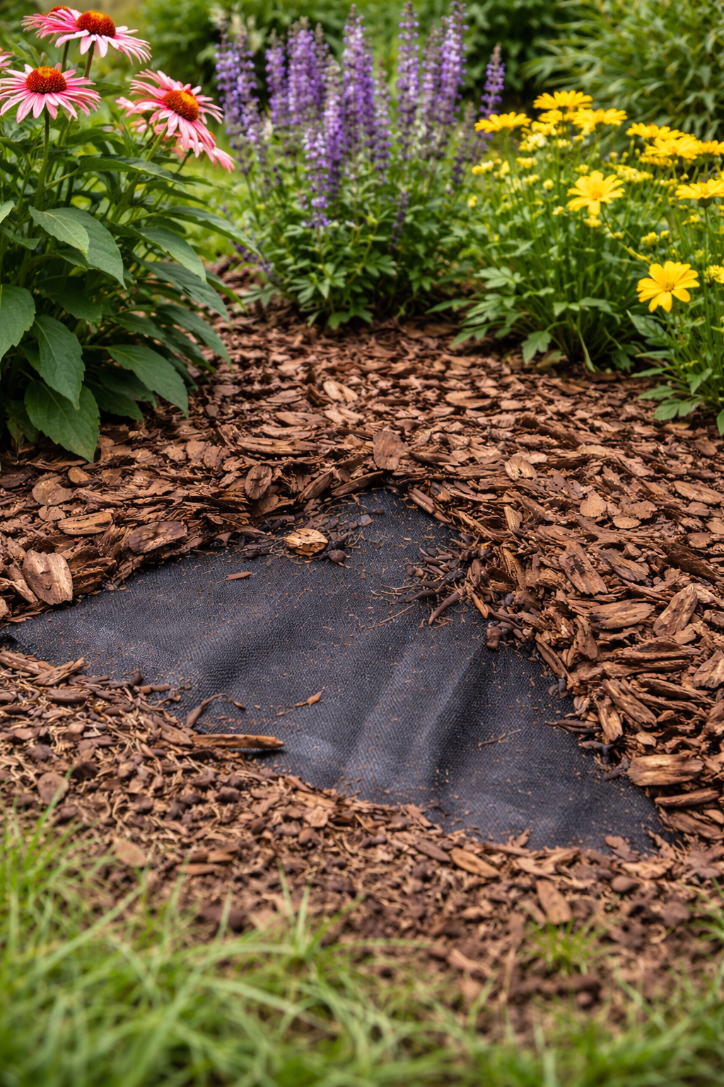 záhon, okrasný záhon, nastielanie, nástielka, kôra, čierna textília, netkaná textília, NEPOUŽÍVAŤ