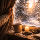 zima, okno, ruka, káva, zimná atmosféra, príroda za oknom, sneh, NEPOUŽÍVAŤ