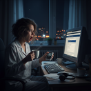 počítač, bookovanie leteniek, noc, budík, káva, práca