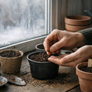 vysievanie, výsev, sejba, do kvetináčov, za oknom, ruka,