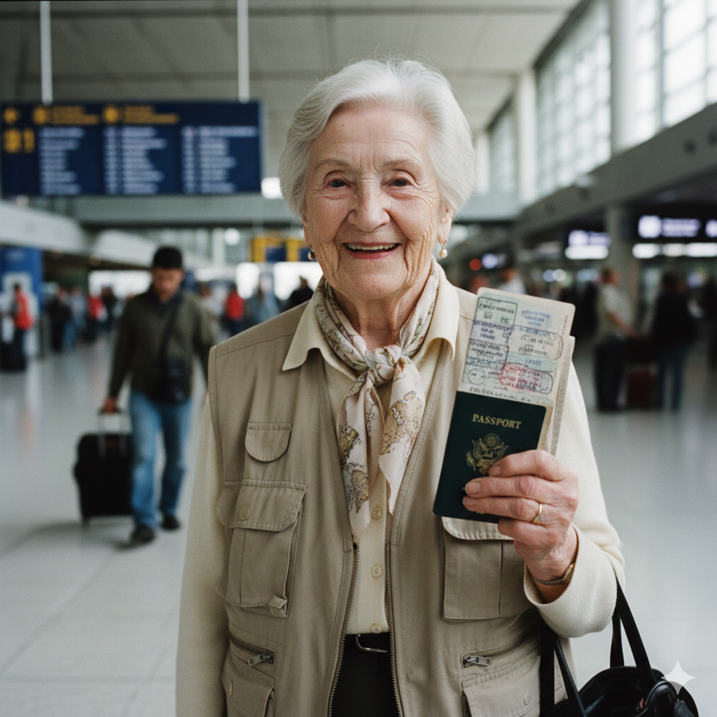 cestovanie, babička, pas, letisko