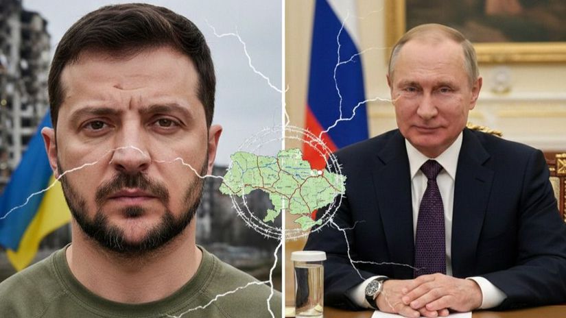 Koláž Volodymyr Zelenskyj a Vladimir Putin -...
