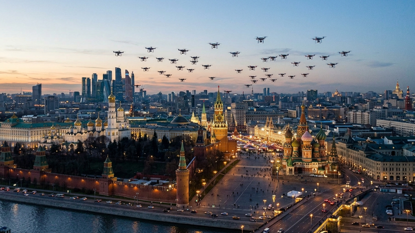 Drony nad Moskvou - obrázok vytvorený AI