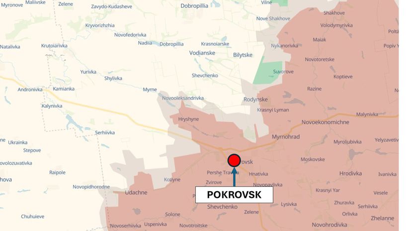 Pokrovsk, Ukrajina 1. mája 2026 podľa DeepState