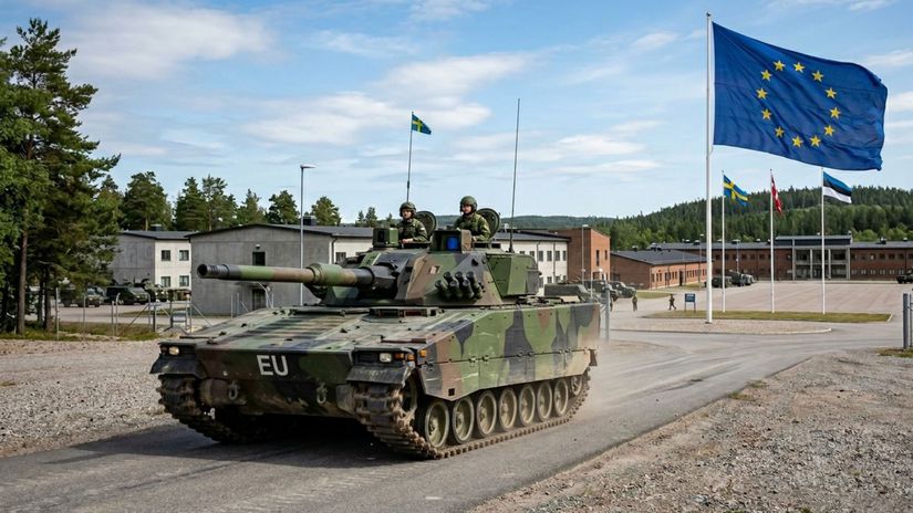 Tank CV90120 s vlajkou EÚ - obrázok vytvorený AI